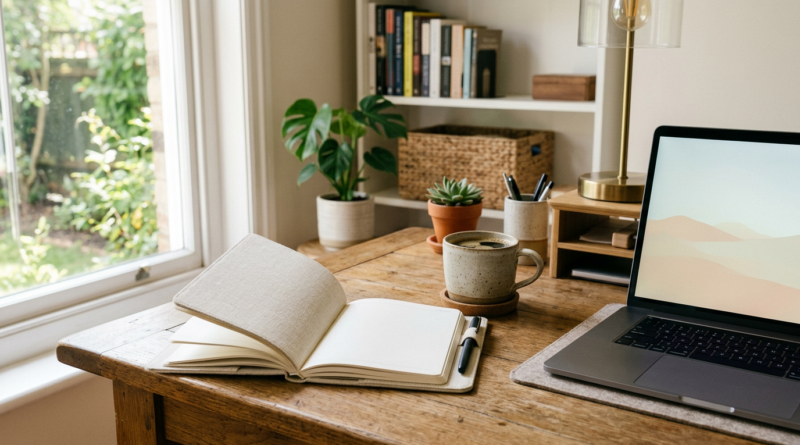 Planner, coffee and laptop on bright desk
