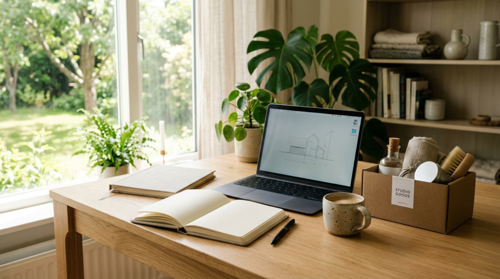 Planner, coffee and laptop on a bright home-office desk