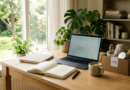 Planner, coffee and laptop on a bright home-office desk