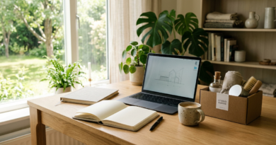 Planner, coffee and laptop on a bright home-office desk