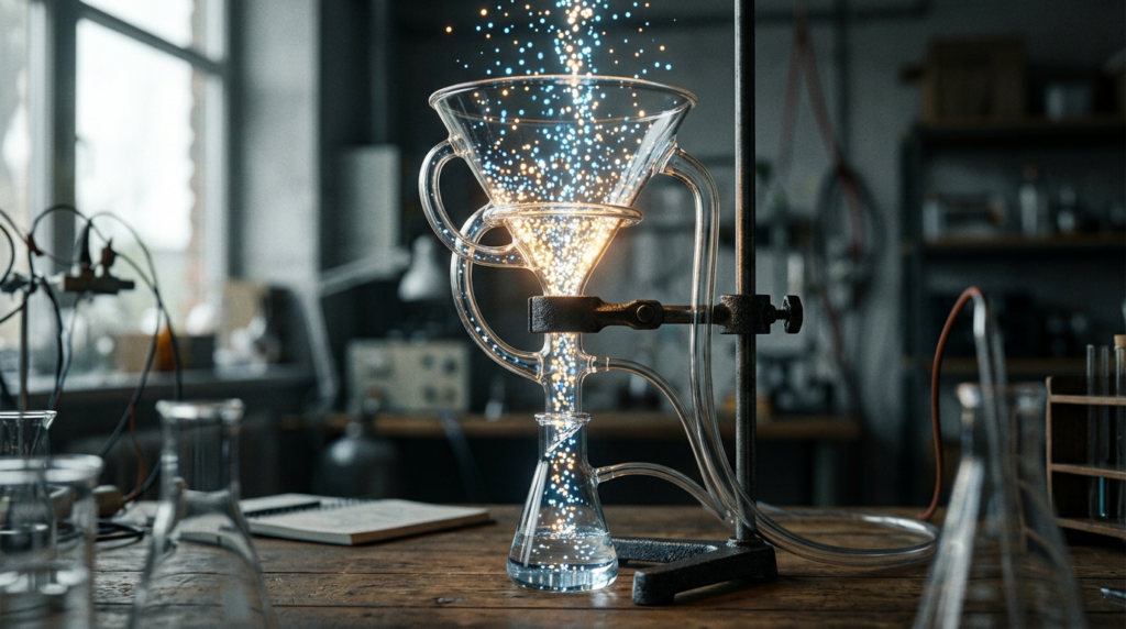 Glass funnel with glowing dots