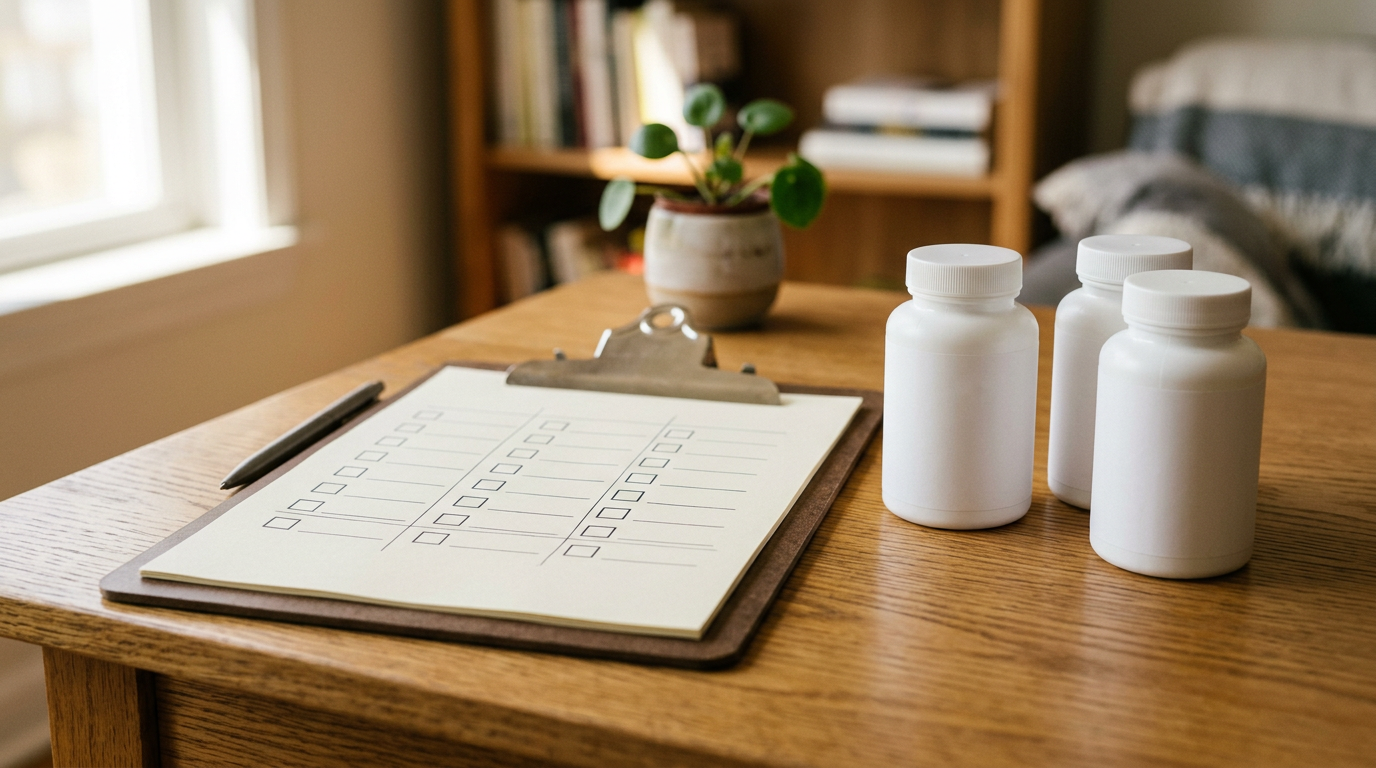 Checklist beside product bottles showing how to research an MLM company