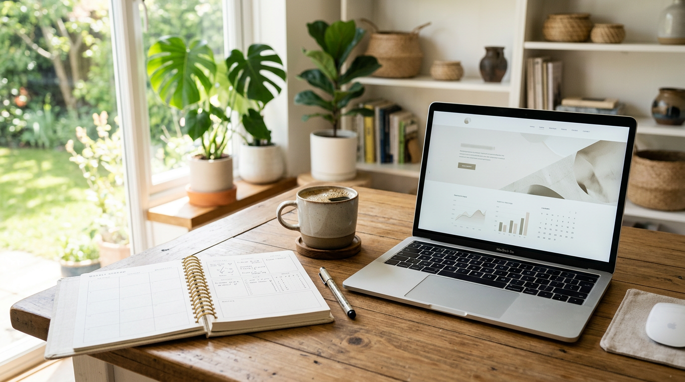 Planner, coffee and laptop on a bright home-office desk