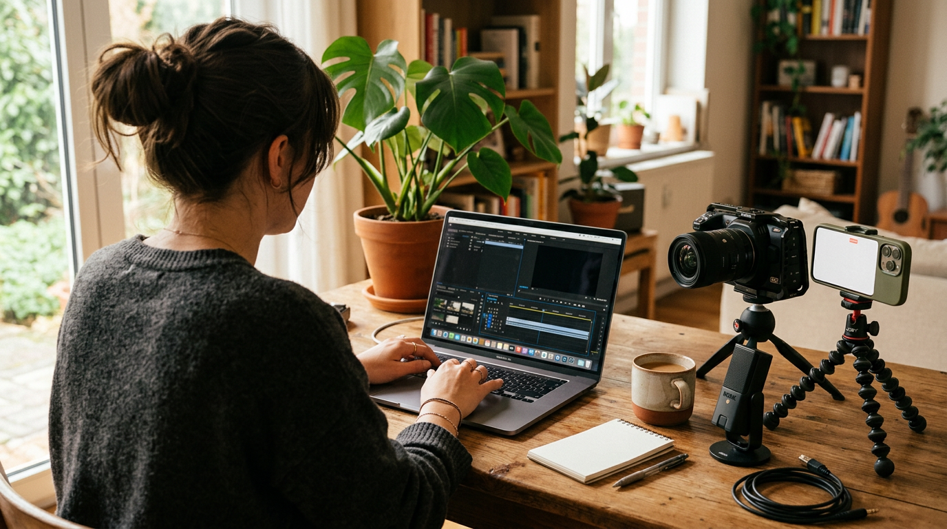Content creator desk with camera, phone and plant