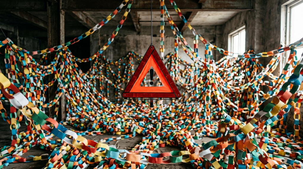 Red warning triangle over paper chains