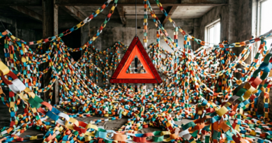 Red warning triangle over paper chains