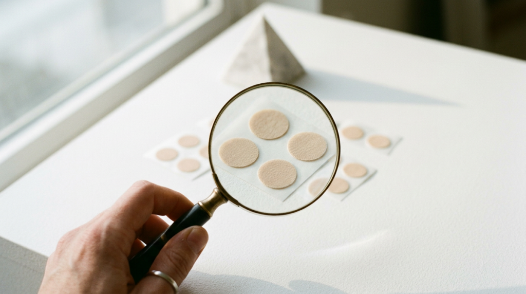 Magnifying glass over small wellness patches