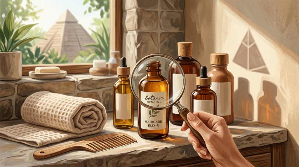 Magnifying glass over haircare bottles