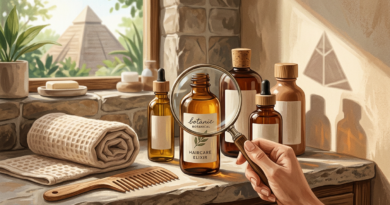 Magnifying glass over haircare bottles