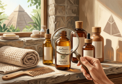 Magnifying glass over haircare bottles