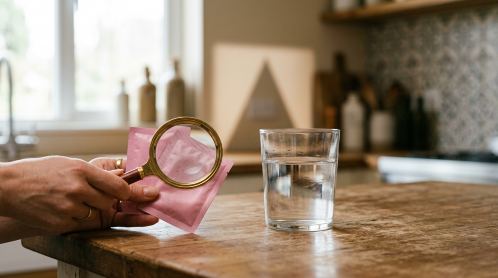 Magnifying glass over pink drink packets and a glass of water