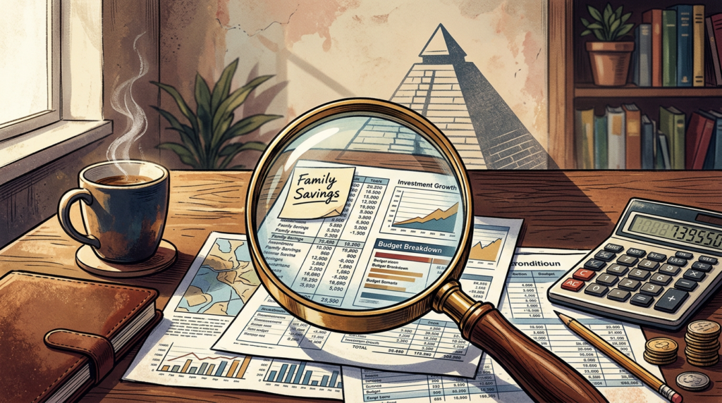 Magnifying glass on financial planning documents