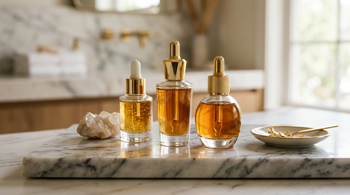 Luxury skincare serum bottles with gold accents