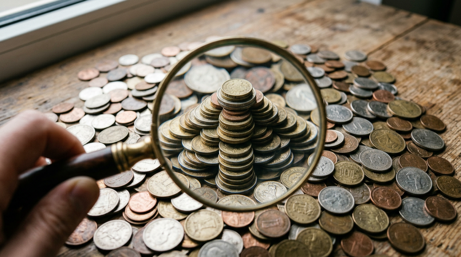 Magnifying glass revealing a pyramid shape in a pile of coins