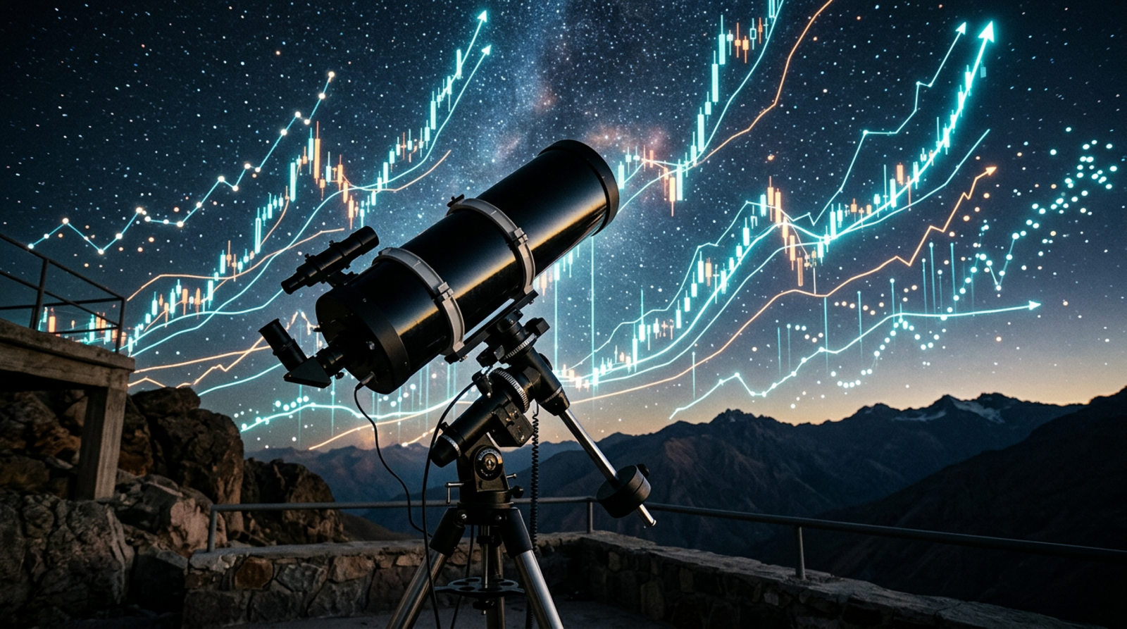 Telescope pointed at a sky full of rising chart lines