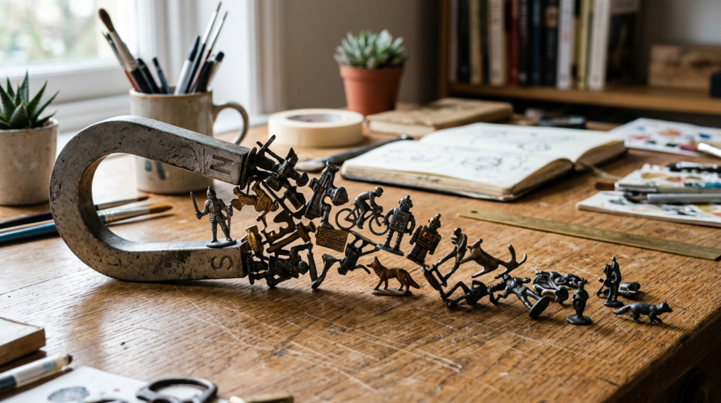 Magnet attracting small figurines across a desk