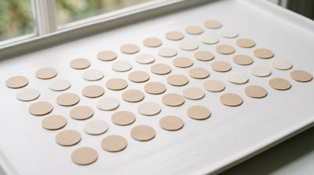 Round unbranded wellness patches on white surface