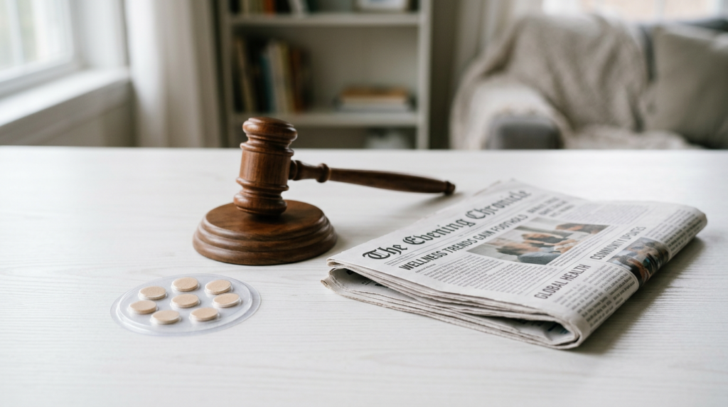 Wellness patches beside a gavel and folded newspaper