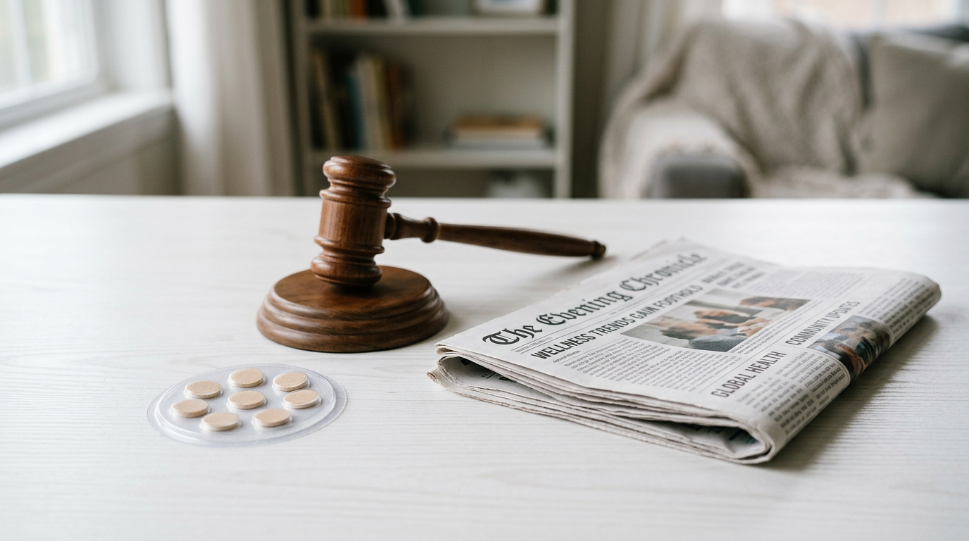 Wellness patches beside a gavel and folded newspaper