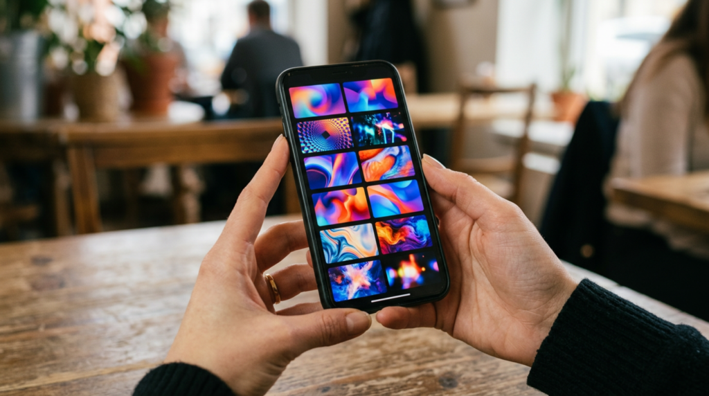 Hands holding a phone showing abstract colorful video thumbnails