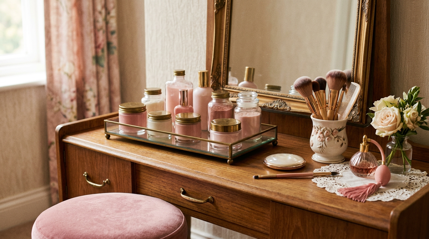 Vintage vanity with pink skincare jars and brushes