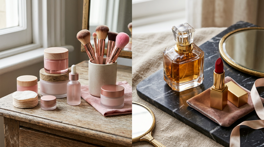 Two contrasting beauty product groupings side by side