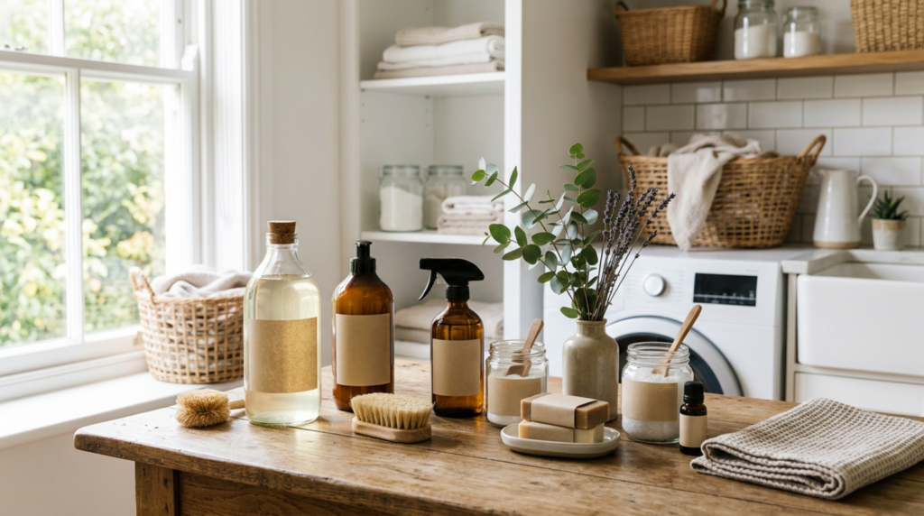 Eco-friendly cleaning and wellness products in a bright laundry room