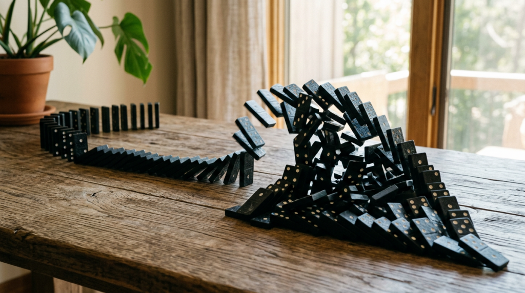 Dominoes toppling into a triangle