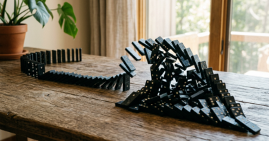 Dominoes toppling into a triangle