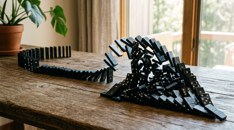 Dominoes toppling into a triangle
