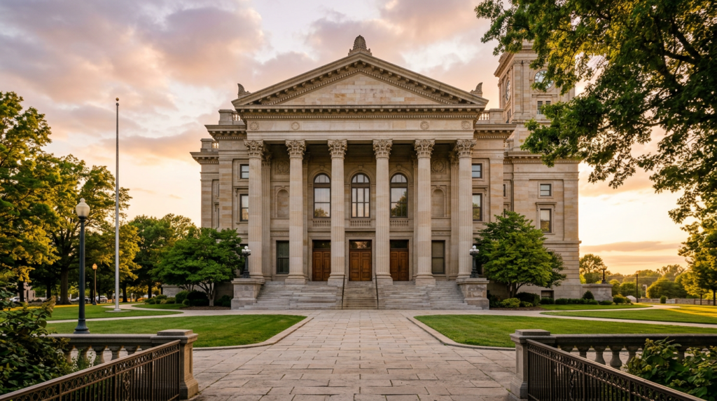 Courthouse exterior with columns at golden hour