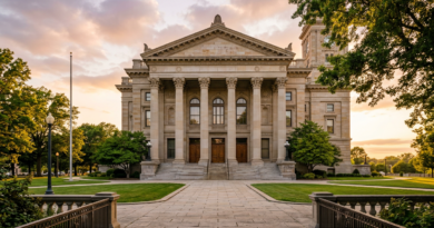 Courthouse exterior with columns at golden hour
