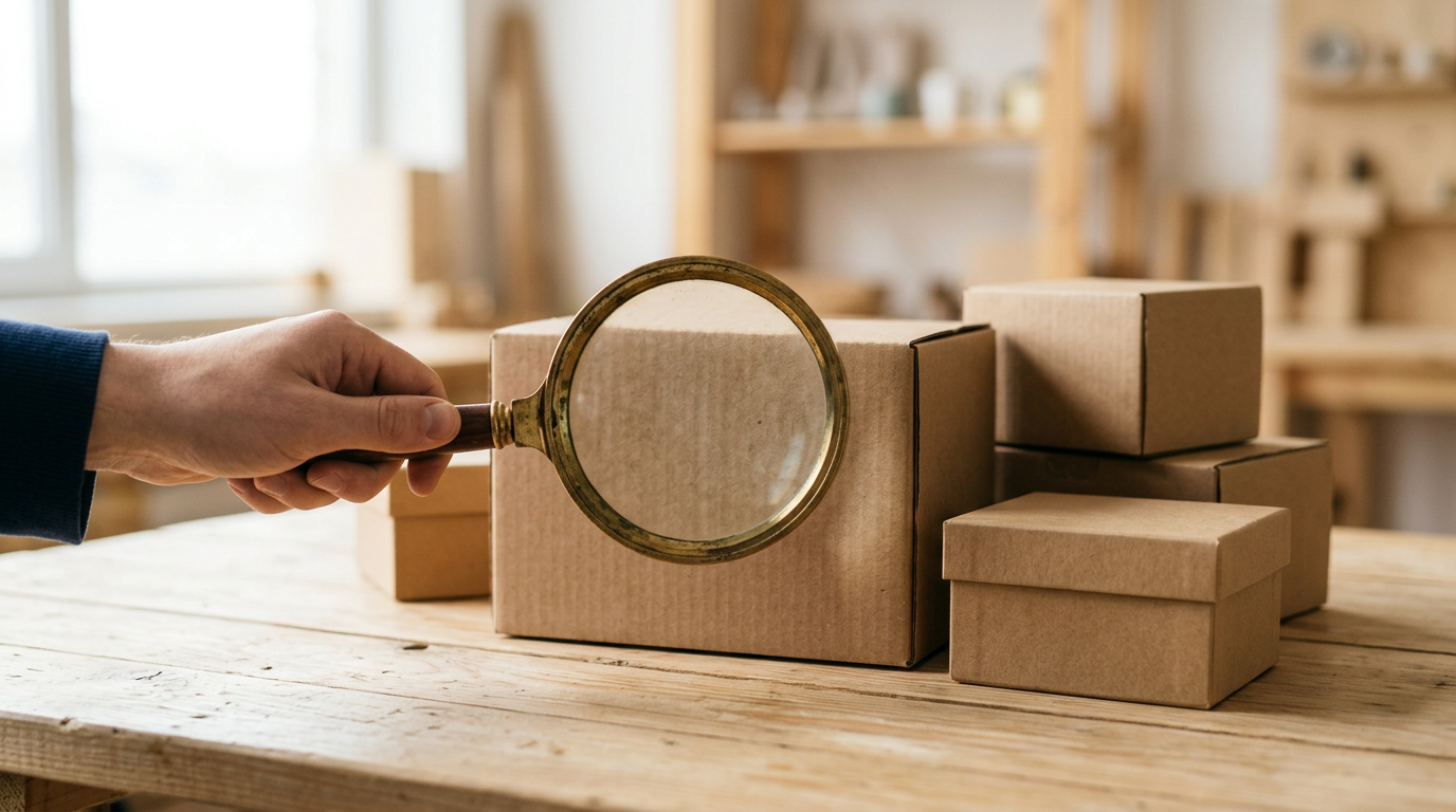 Magnifying glass over product boxes for MLM company reviews