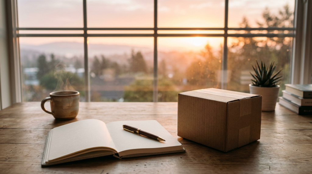 Sunrise over a quiet desk with a checklist