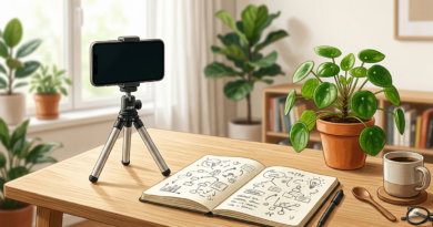 Phone on tripod and notebook