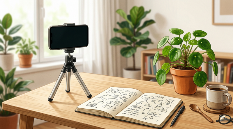 Phone on tripod and notebook