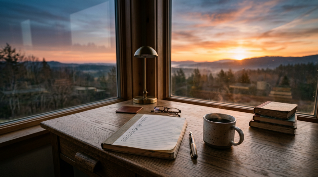 Sunrise over a quiet desk with a checklist