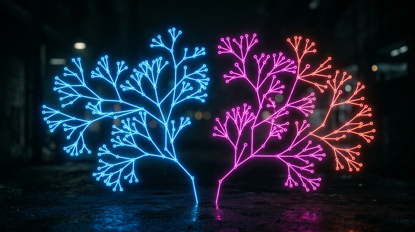 Two branching legs of connected nodes in neon lines