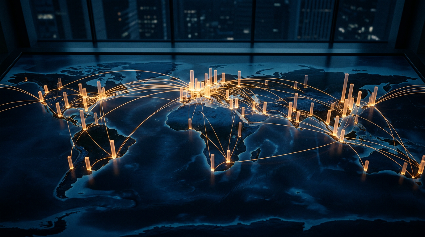 Glowing world map with rising bars illustrating momentum in network marketing