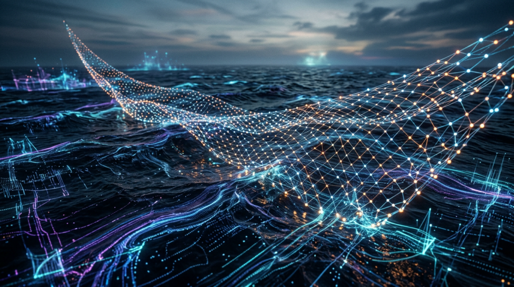 Fishing net of glowing nodes over a digital ocean