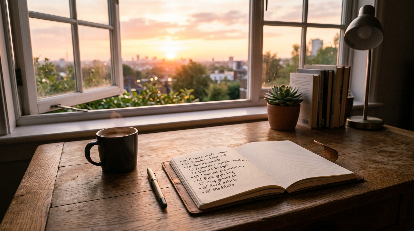 Sunrise over a quiet desk with a checklist