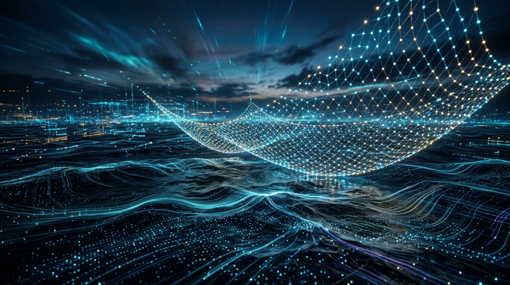 Glowing net of nodes over a digital ocean