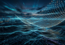 Glowing net of nodes over a digital ocean