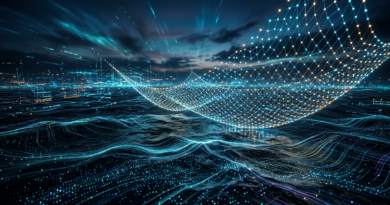 Glowing net of nodes over a digital ocean