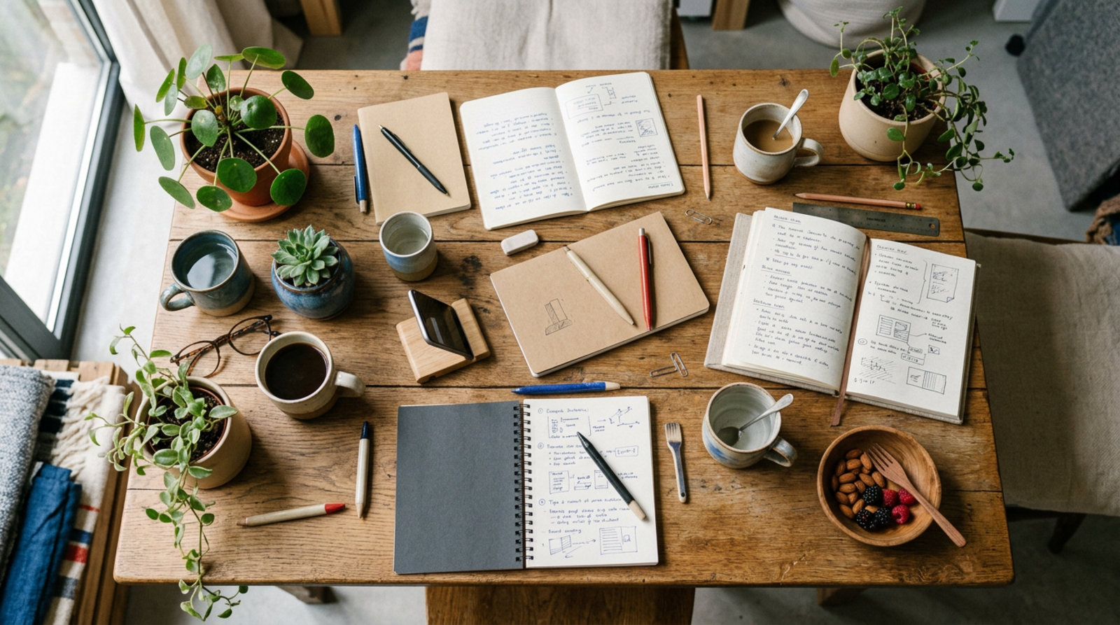 Small team table with notebooks and plants seen from above