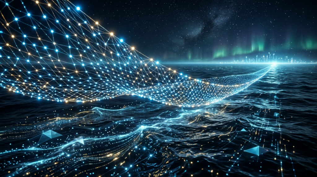 Fishing net of glowing nodes over a digital ocean