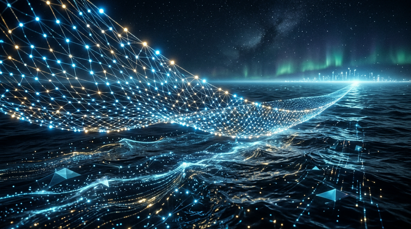 Fishing net of glowing nodes over a digital ocean