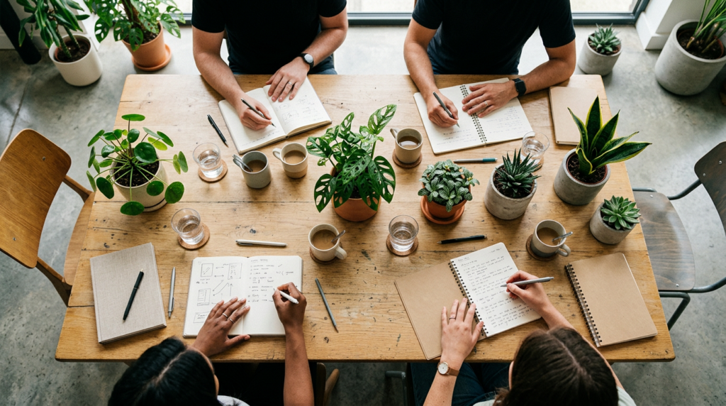 Small team table with notebooks viewed from above