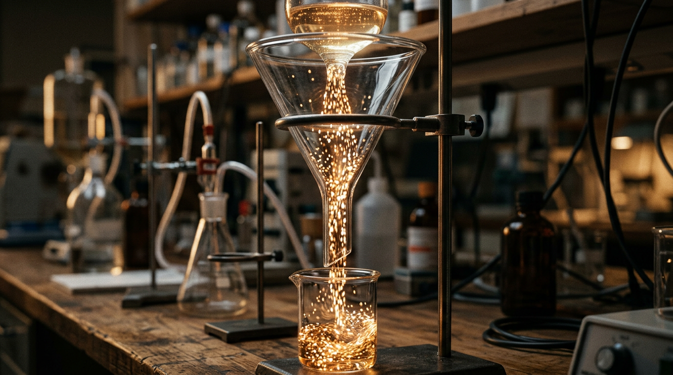 Glass funnel with glowing dots representing online leads