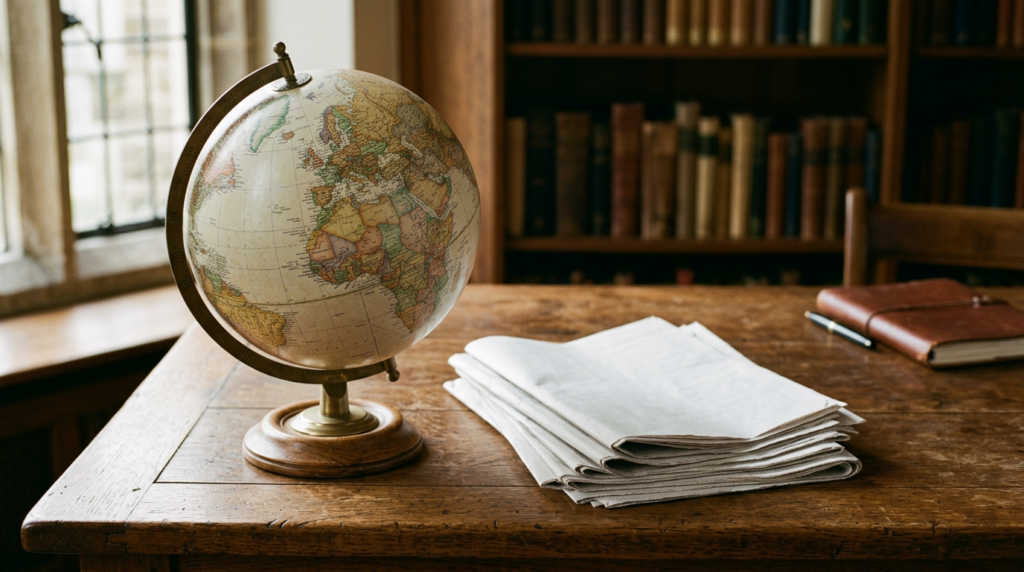 Globe and folded newspapers on a wooden desk